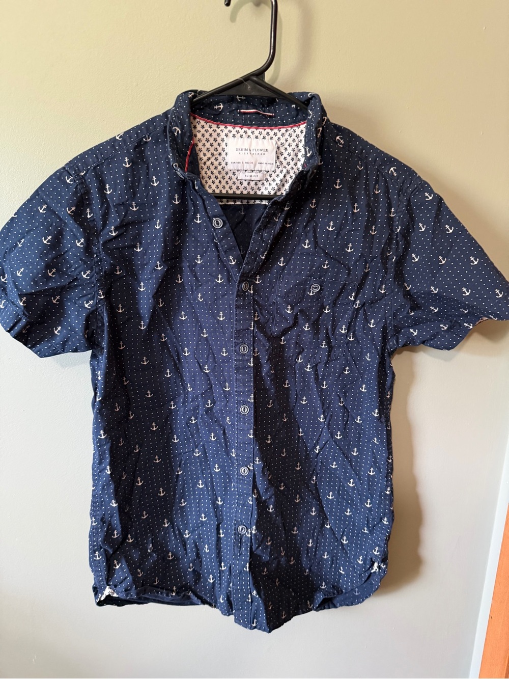Denim & Flower Navy Anchor-Print Short Sleeve Button-Up Shirt Men's S